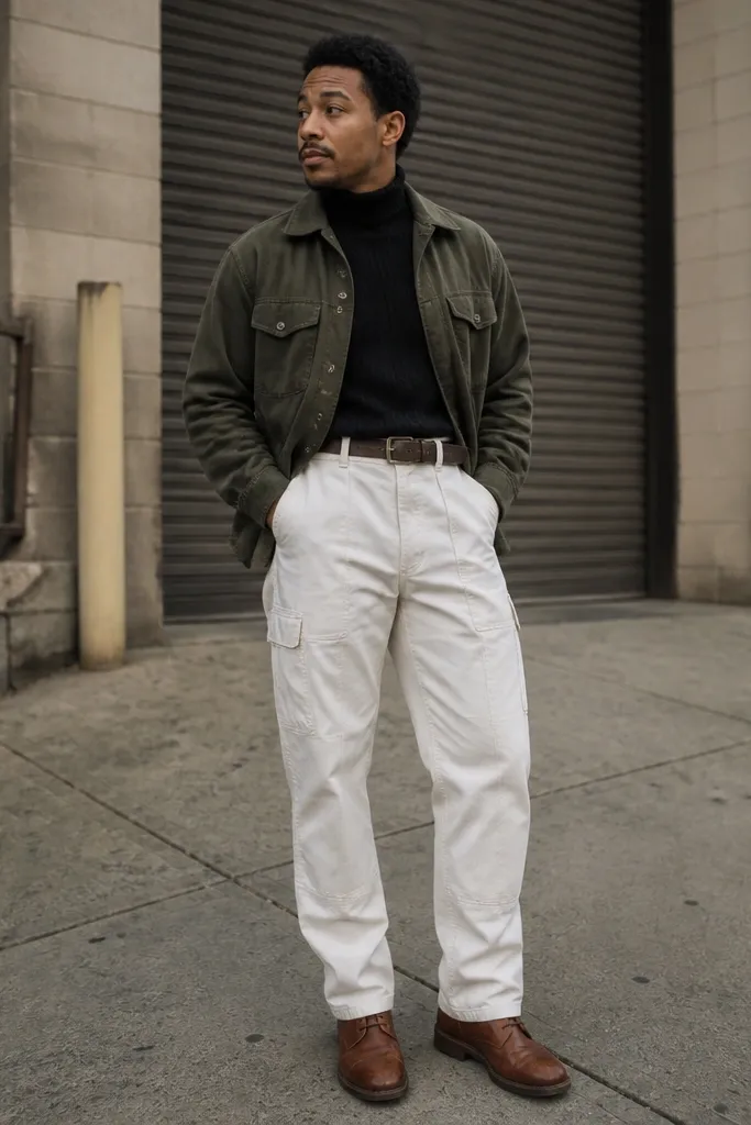 Black turtleneck sweater with white carpenter pants and olive jacket accents