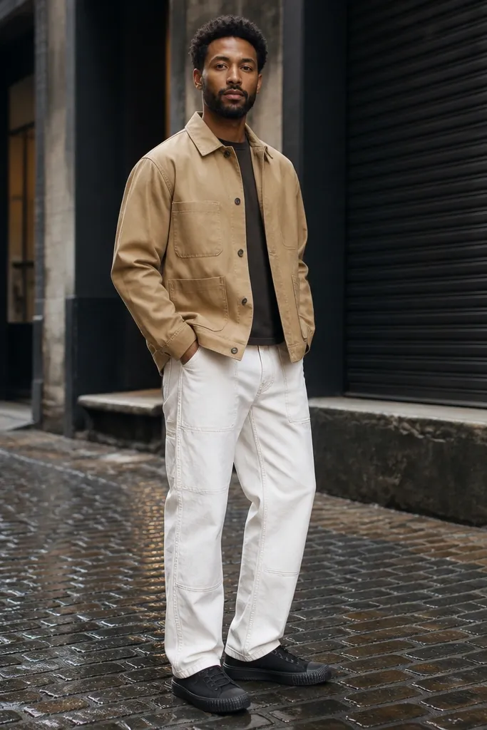 Tan chore coat with white carpenter pants and dark sneakers