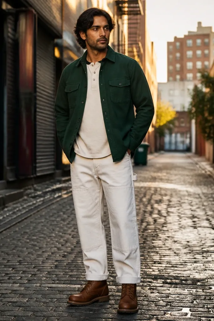 Forest overshirt over cream henley with white carpenter pants and tobacco boots