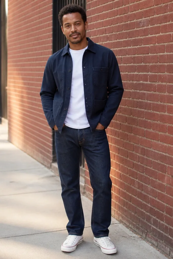 Navy chore jacket, indigo straight jeans, white Converse sneakers