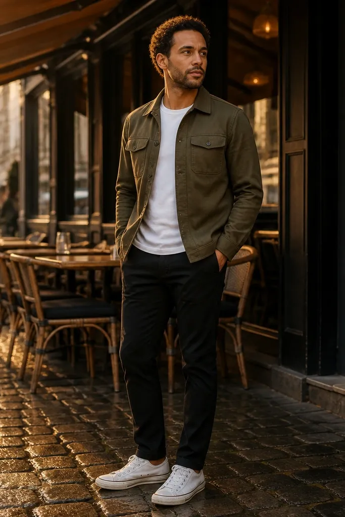 Olive overshirt with black slim chinos and white Converse sneakers