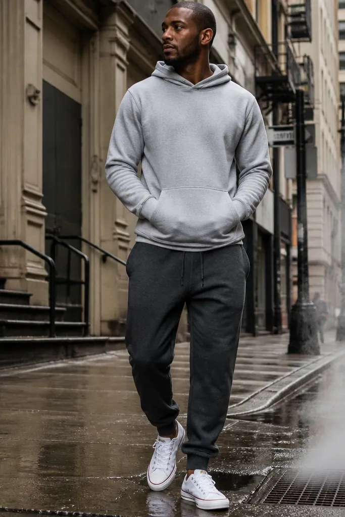 Light gray hoodie, charcoal sweatpants, white Converse sneakers