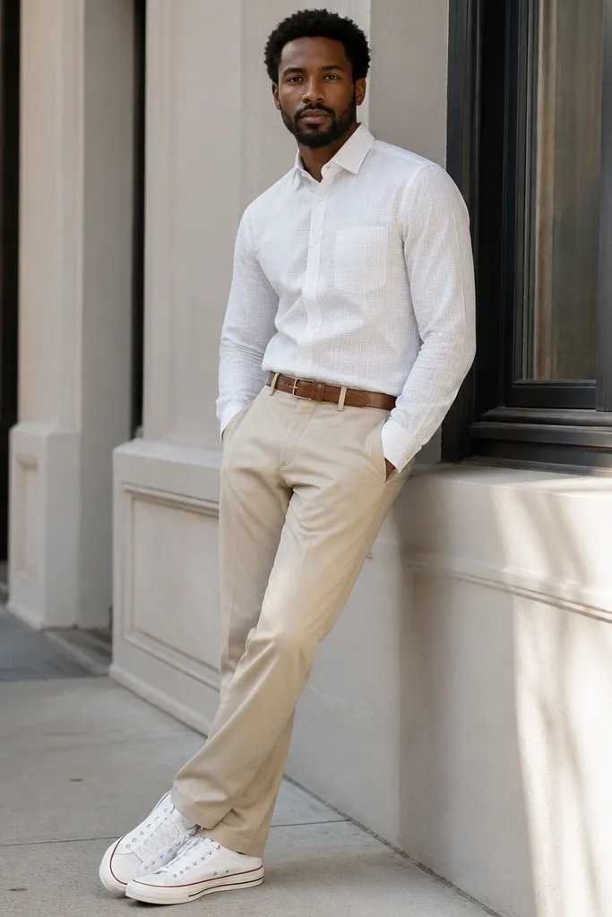 White-on-white check shirt, beige chinos, white Converse sneakers