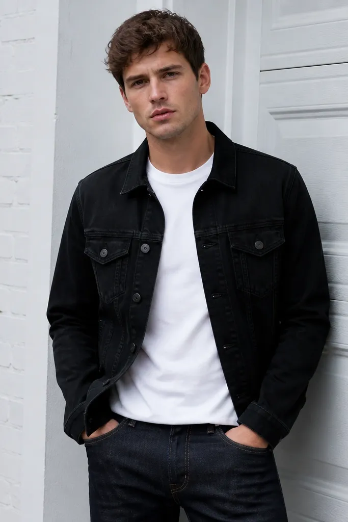 Black denim jacket, white tee, dark wash jeans, white Converse sneakers