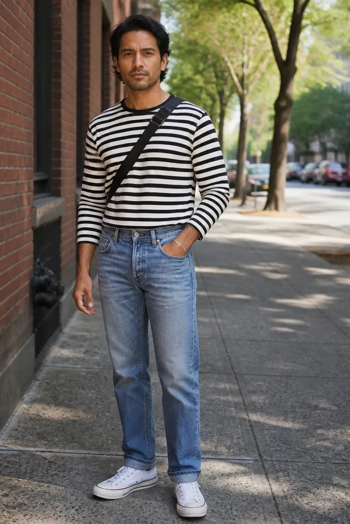 Black-and-white striped long-sleeve tee and light indigo jeans with white Converse