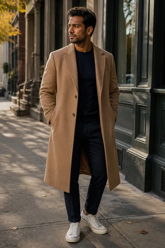 Camel overcoat, dark navy chinos, white Converse sneakers