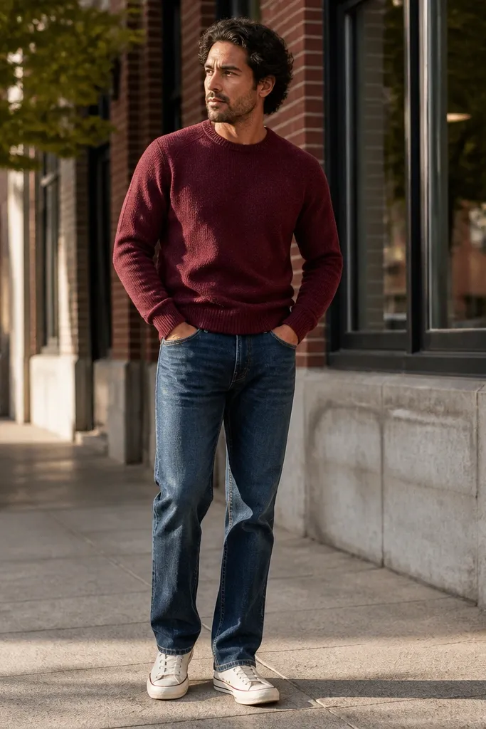 Burgundy knit sweater, blue jeans, white Converse sneakers