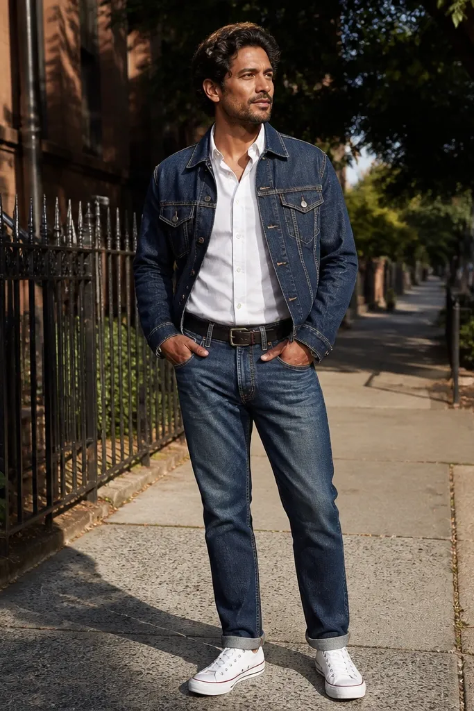 Indigo denim jacket, white chambray shirt, indigo jeans, white Converse