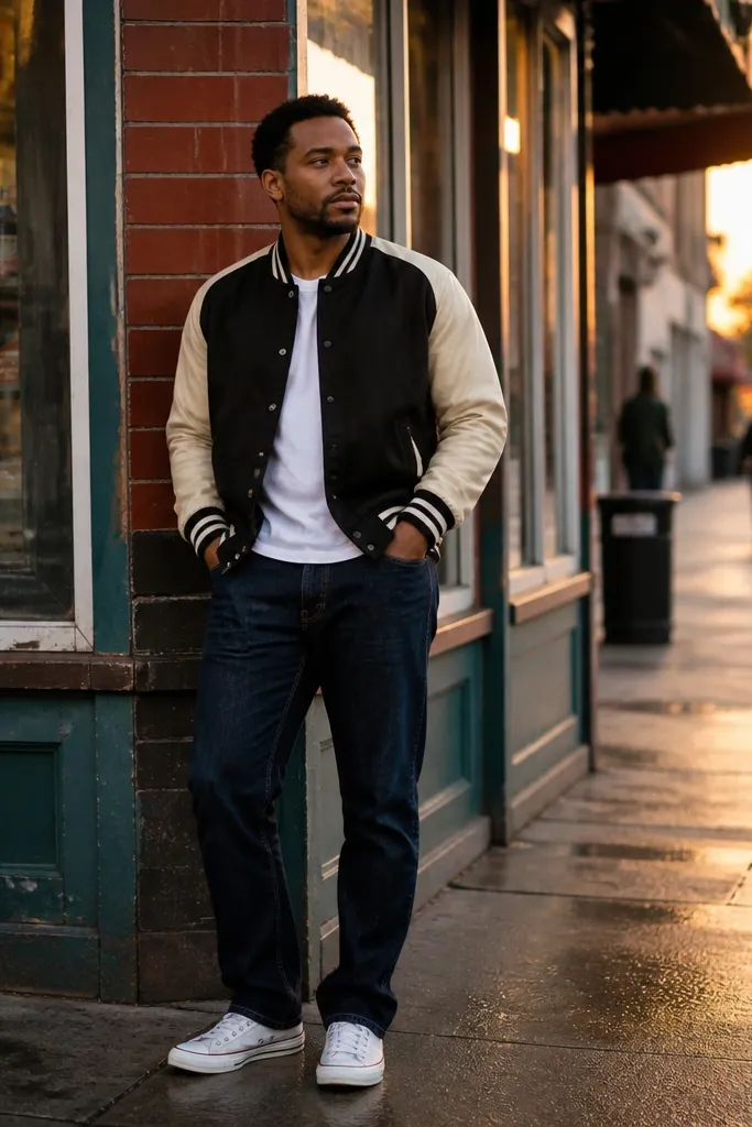Black-and-cream varsity jacket, straight jeans, white Converse sneakers