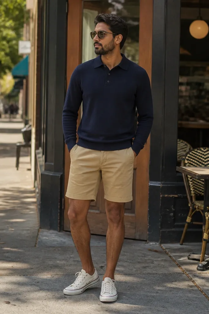 Navy polo knit, khaki shorts, white Converse sneakers