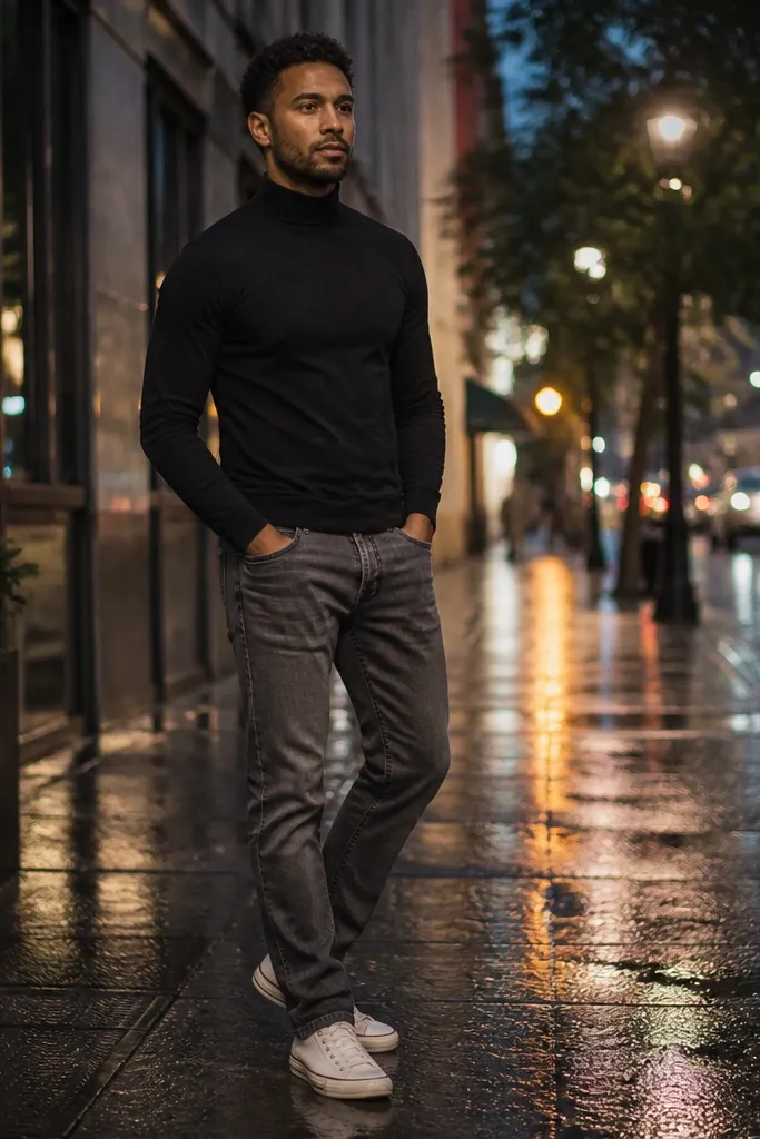 Black turtleneck tee, gray-wash jeans, white Converse sneakers