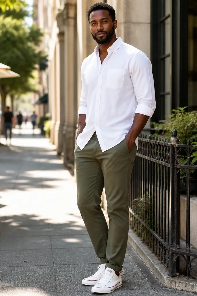 White button-up shirt with rolled sleeves, dark olive pants, white Converse sneakers
