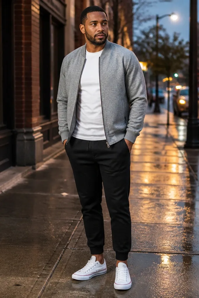 Heather gray bomber jacket, black joggers, white Converse sneakers