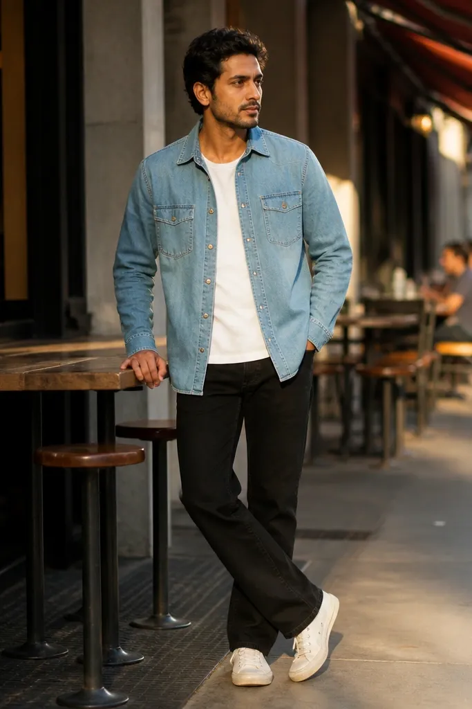 Blue denim shirt jacket, white tee, black jeans, white Converse sneakers
