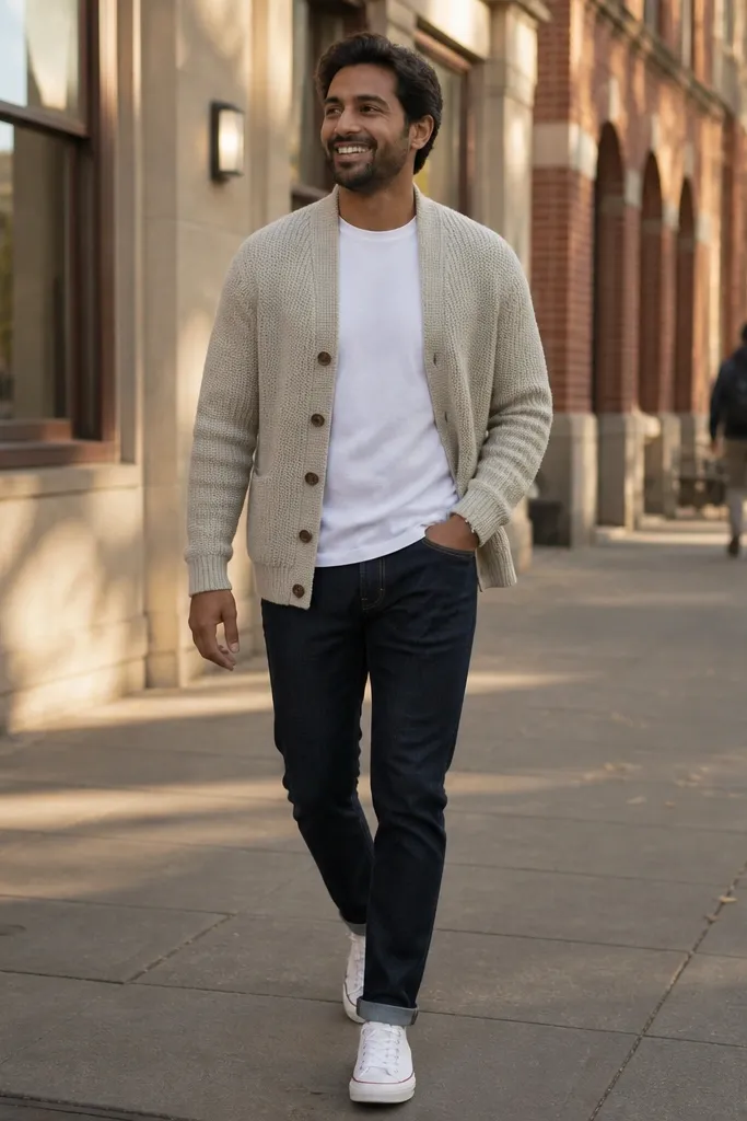 Cream knit cardigan, navy jeans, white Converse sneakers