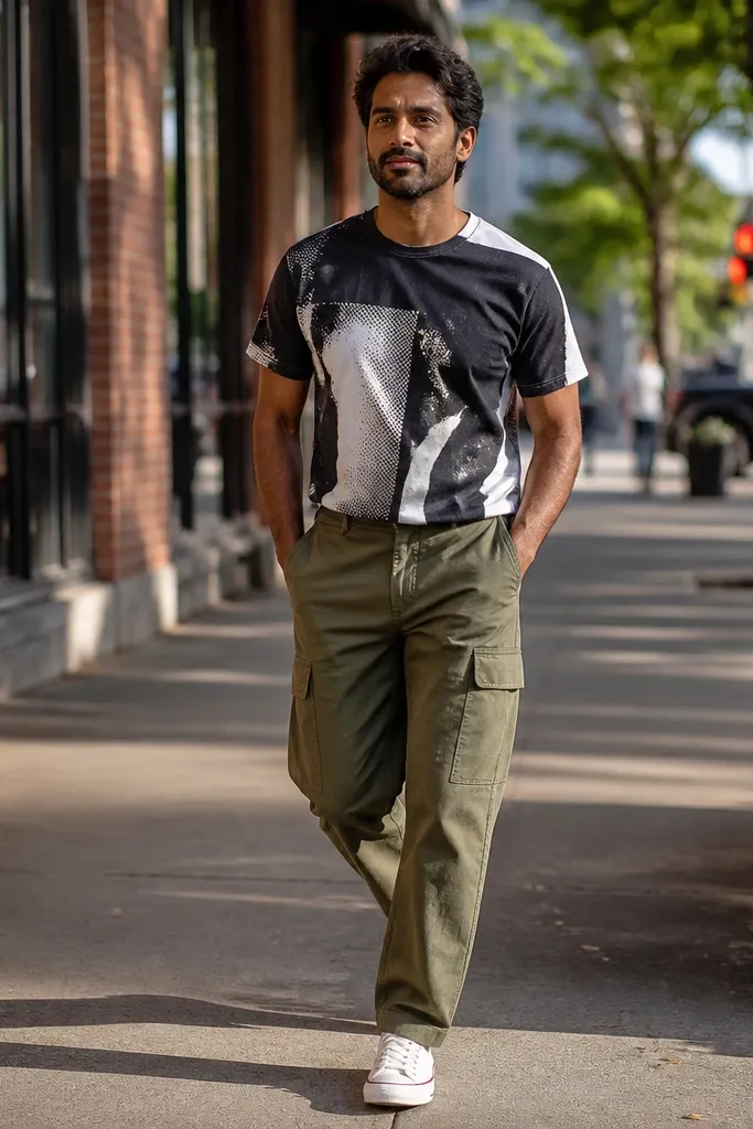 Black-and-white graphic tee, olive cargo pants, white Converse sneakers