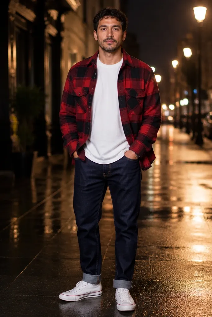 Red flannel overshirt, dark jeans, white Converse sneakers