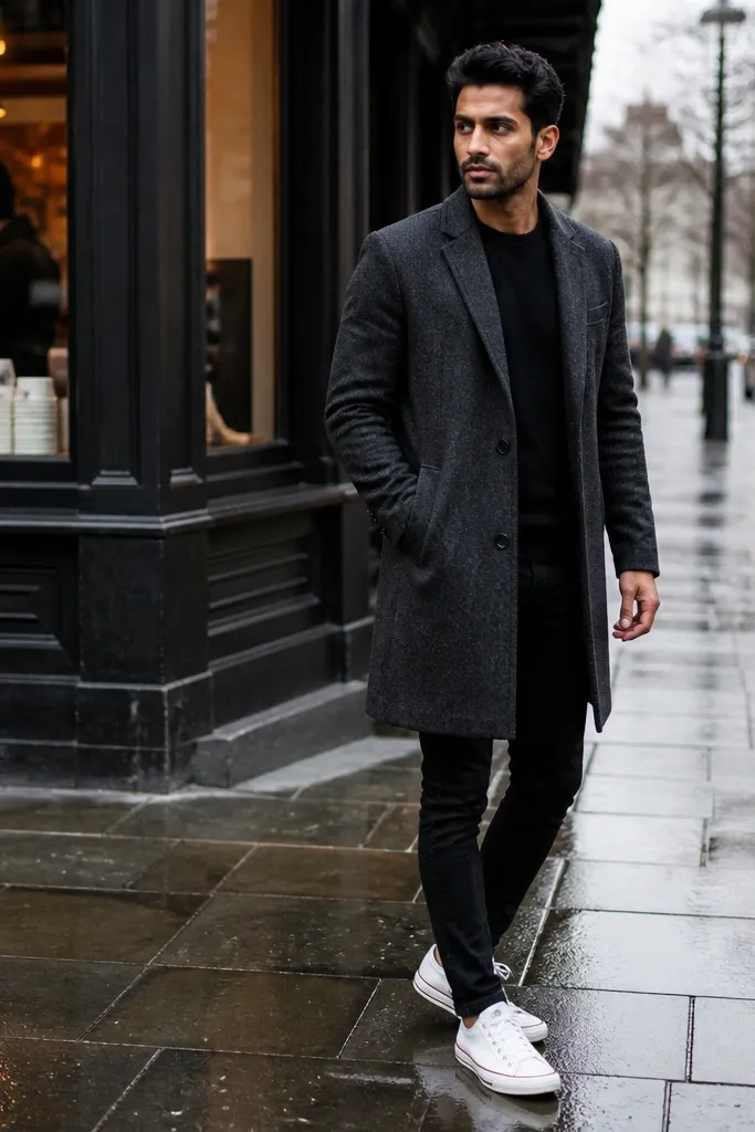 Charcoal wool coat, black skinny jeans, white Converse sneakers