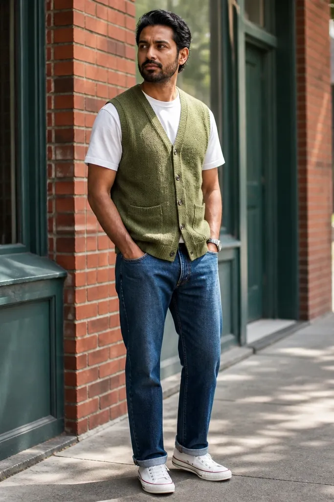 White tee, olive cardigan vest, blue jeans, white Converse sneakers