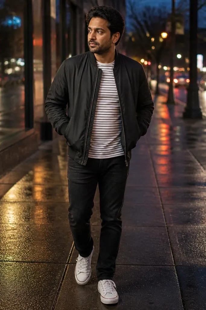 Black bomber, white-and-gray striped tee, black jeans, white Converse sneakers