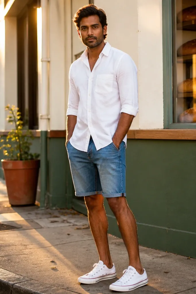 Denim shorts, white button-up with rolled sleeves, white Converse sneakers
