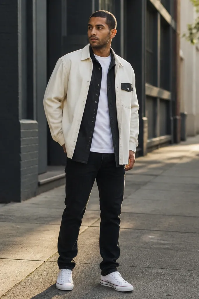 Two-tone overshirt over white tee, black jeans, white Converse sneakers