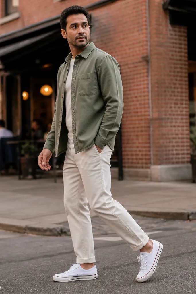 Sage overshirt with ecru chinos and white Converse, tan belt and watch