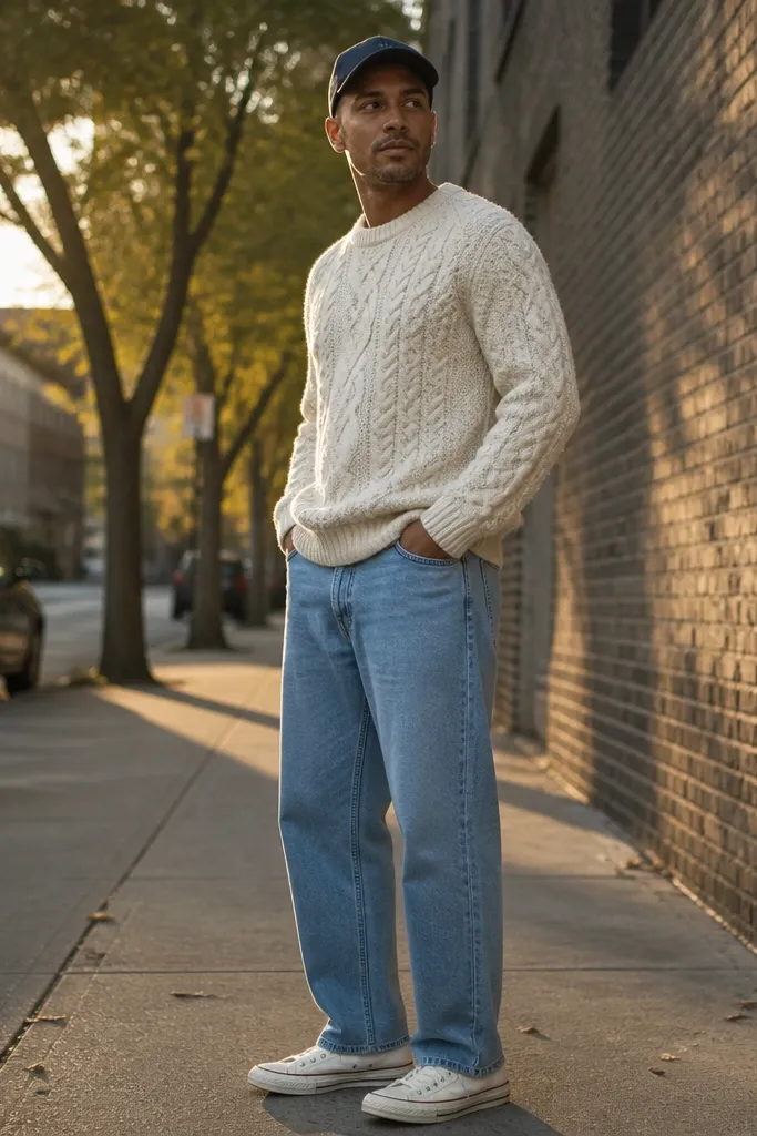 Cream cable knit sweater with light blue jeans, white Converse, navy cap
