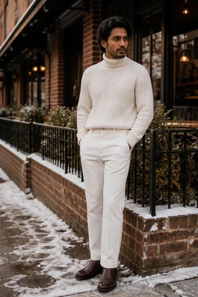 Cream turtleneck with white corduroy pants and dark espresso boots
