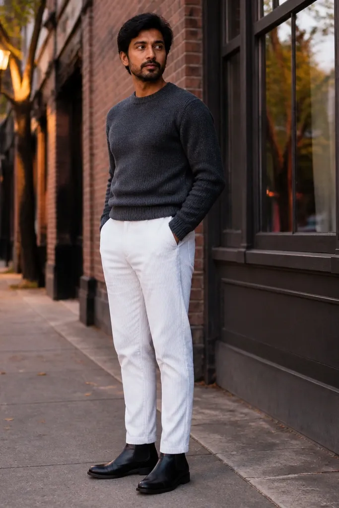 Charcoal sweater with white corduroy pants and black Chelsea boots
