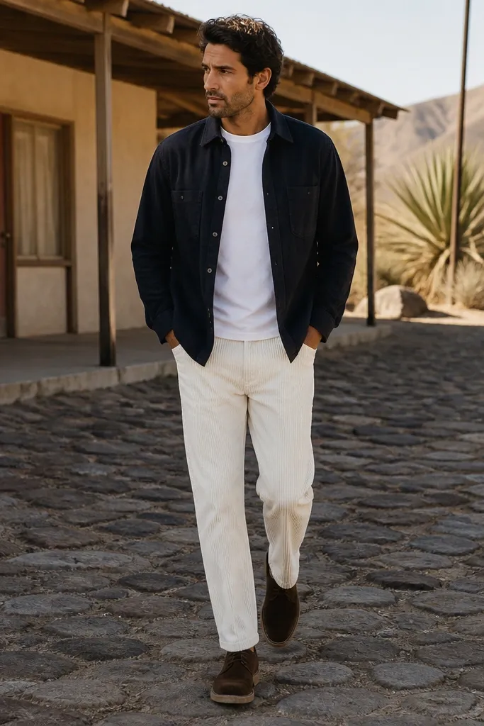 Navy overshirt over a white tee with white corduroy pants and brown desert boots