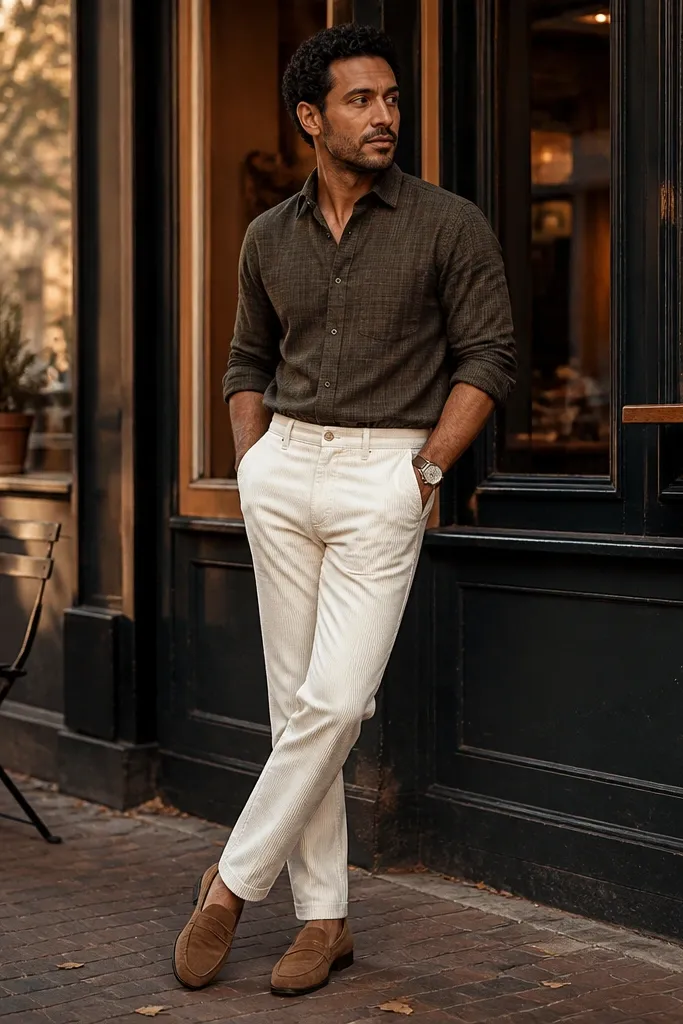 Olive flannel shirt with white corduroy pants and tan suede loafers
