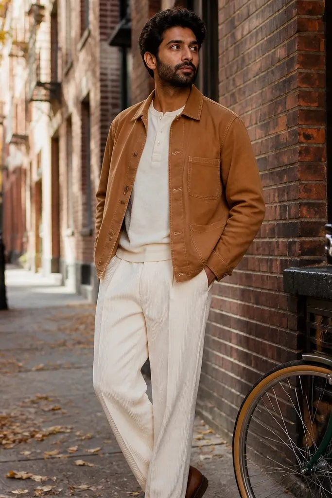Camel chore jacket over an off-white henley with white corduroy pants