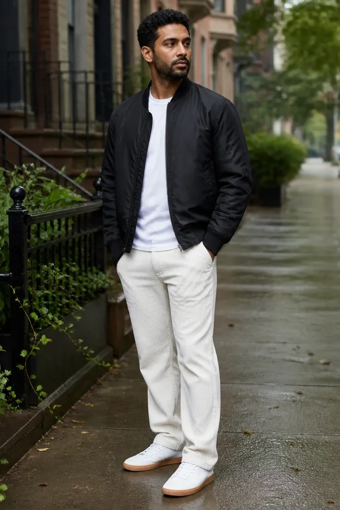 Black bomber over a white tee with white corduroy pants and clean white sneakers
