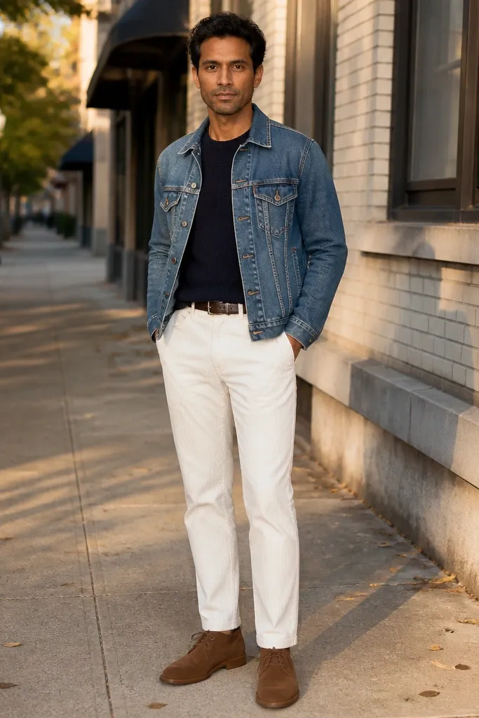 Light indigo denim jacket with white corduroy pants and brown chukka boots