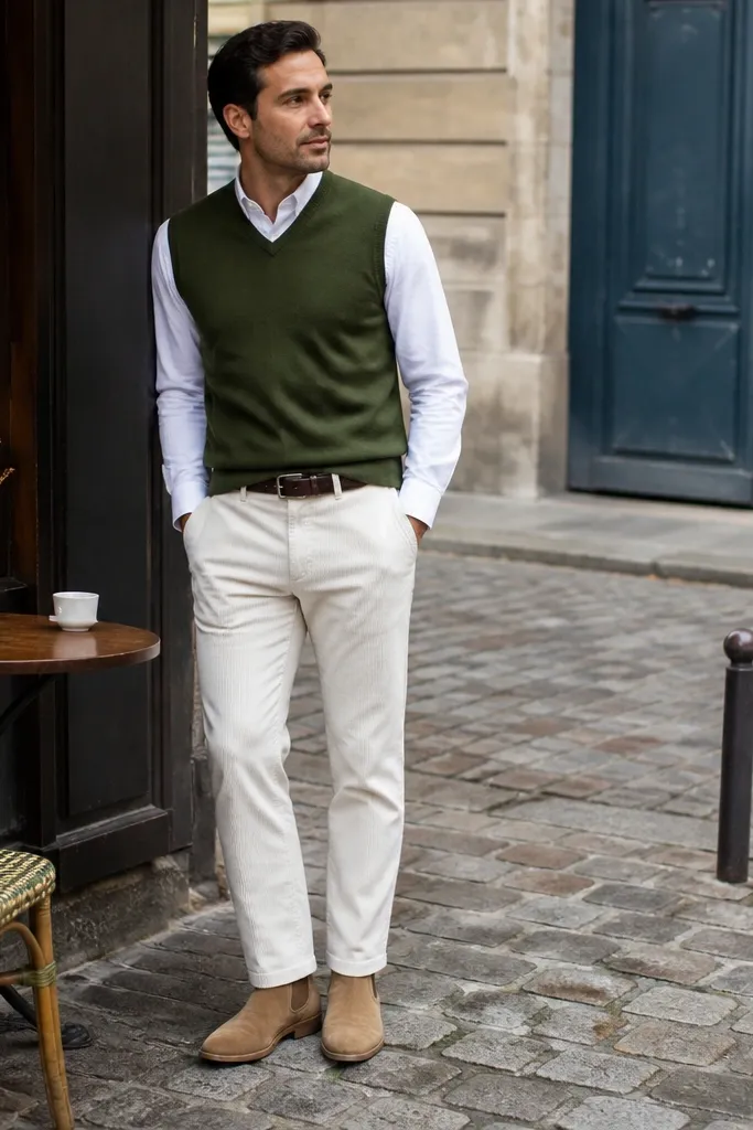 Forest green sweater vest over a white button-down with white corduroy pants