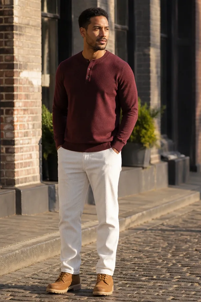 Burgundy henley with white corduroy pants and tan work boots
