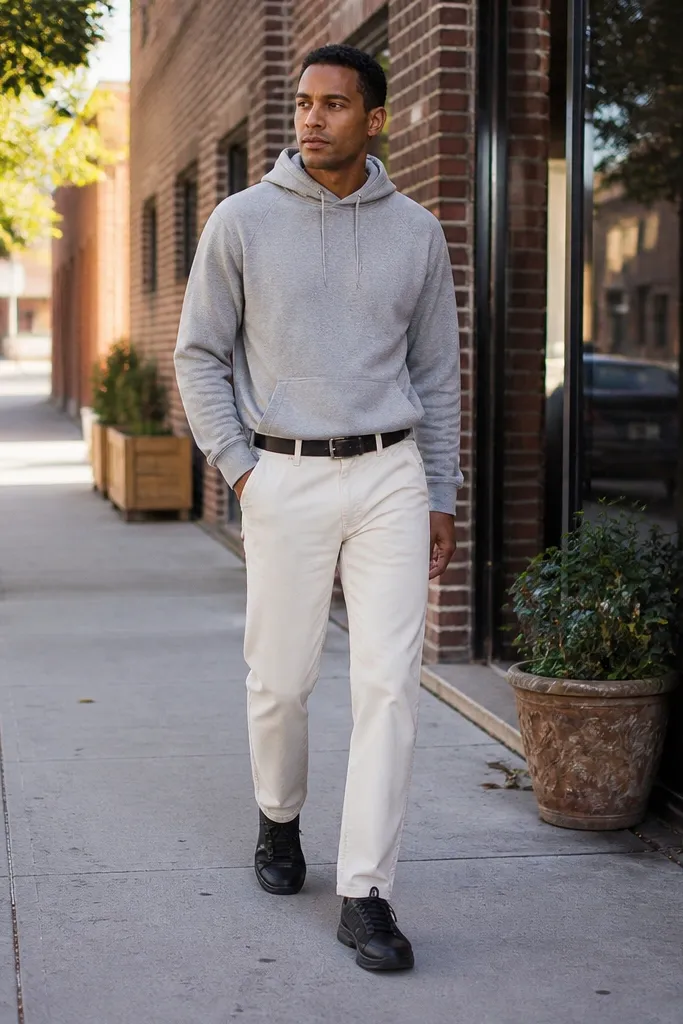 Heather gray hoodie with white corduroy pants, black belt, and black sneakers