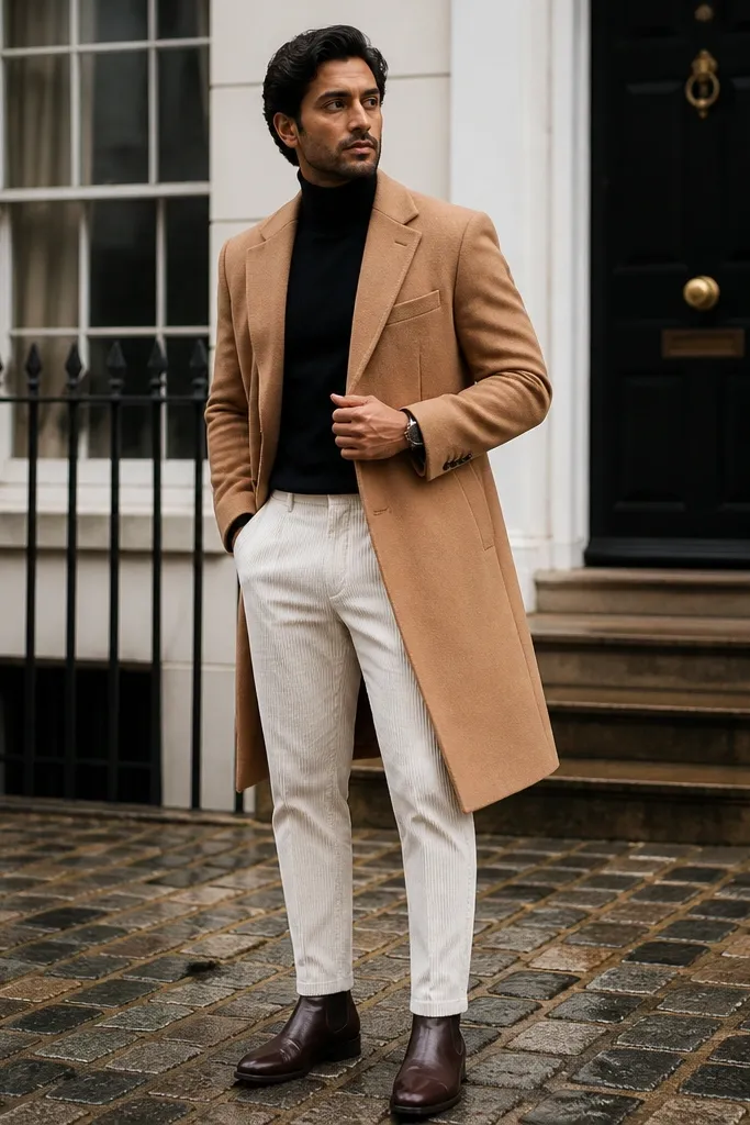 Black turtleneck under a camel overcoat with white corduroy pants