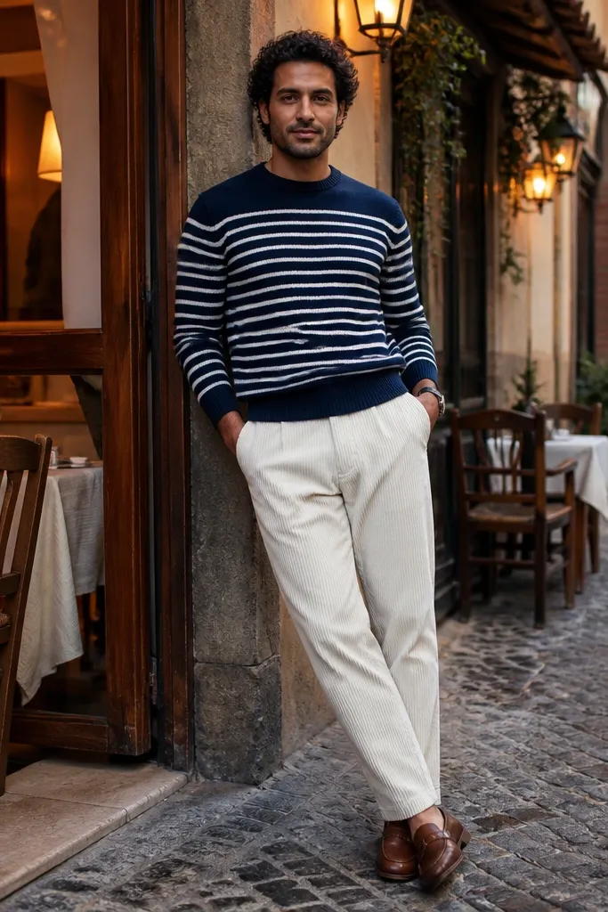 Navy striped sweater with white corduroy pants and brown loafers