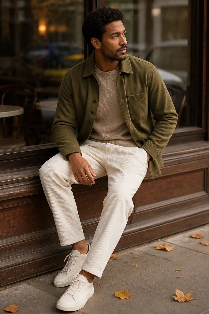 Light tan crewneck under an olive overshirt with white corduroy pants