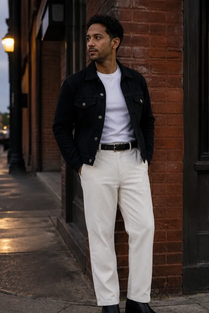 Black denim jacket over a white tee with white corduroy pants and a contrast belt