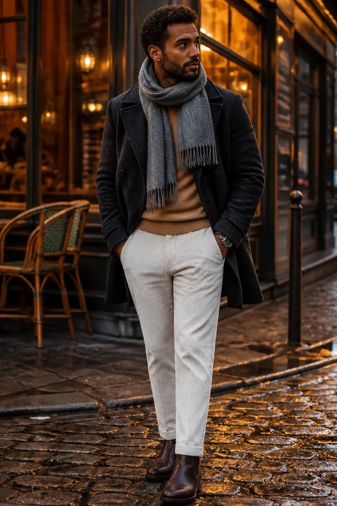 Camel sweater with gray wool scarf and white corduroy pants