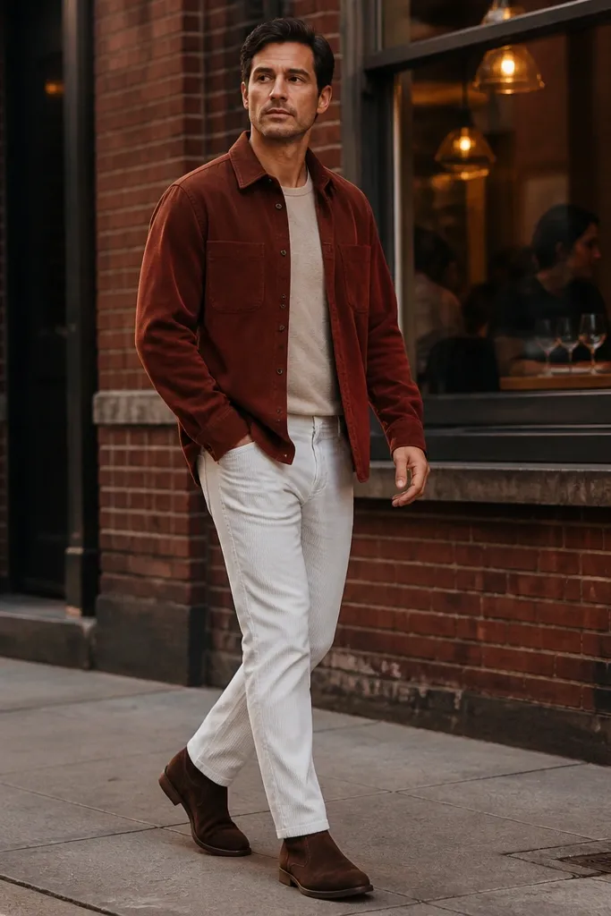 Rust overshirt over a cream tee with white corduroy pants and brown suede chukkas