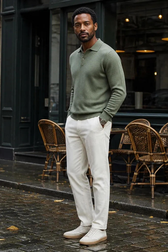 Sage knit polo with white corduroy pants and off-white sneakers