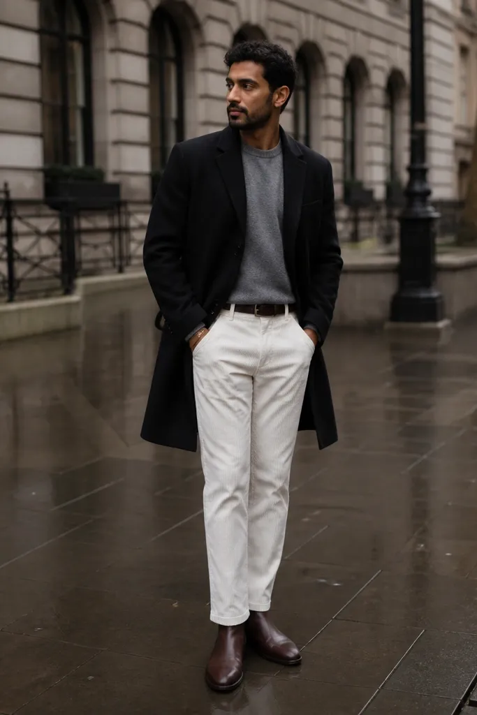 Gray crewneck under a black overcoat with white corduroy pants