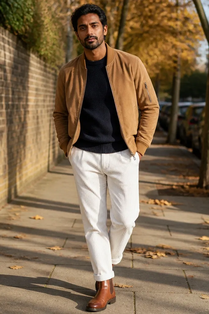 Tan bomber over a navy crewneck with white corduroy pants and cuffed hems