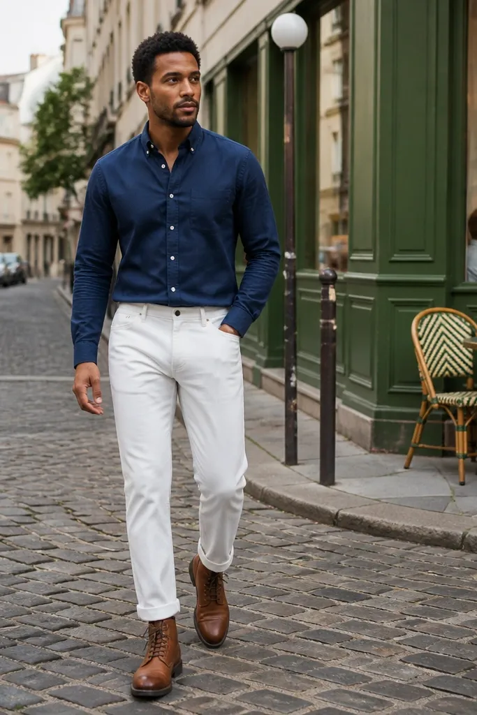 Navy oxford shirt with white tapered denim and brown leather boots