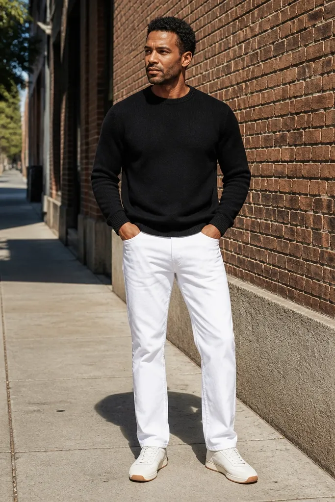 Black crewneck sweater with white denim jeans and white sole sneakers