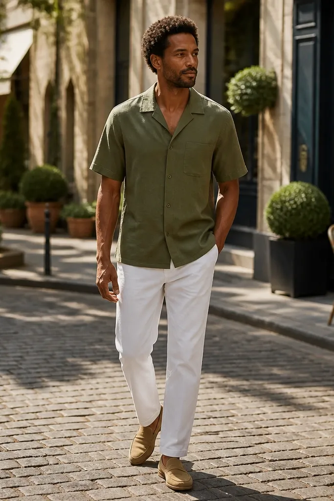 Olive camp collar shirt with white denim and tan loafers